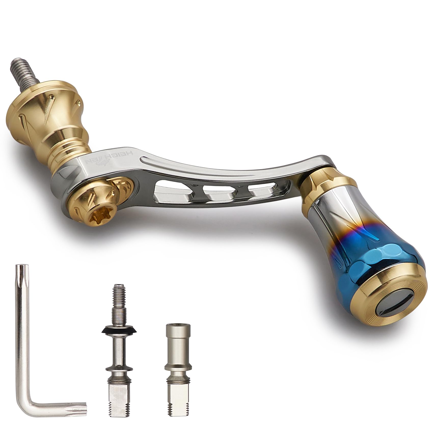 

HEIGHTEN Variable Reel Handle 20mm Burnt Aluminum Knob for Shimano Daiwa Universal Spinning Reels Arch Aurora Series 45-50mm 6.8g (Gunmetal & Gold)