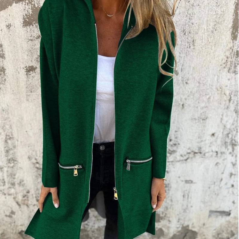 Solid Color Polyester Casual Hooded Jacket For Women With Pockets
