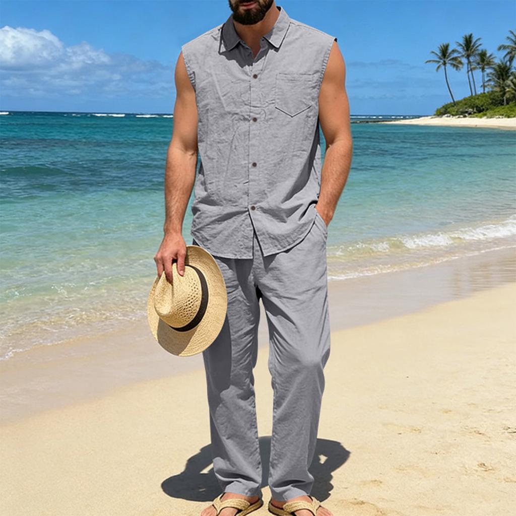 Men's Cotton-Linen Casual Hoodie Vest And Pants Set