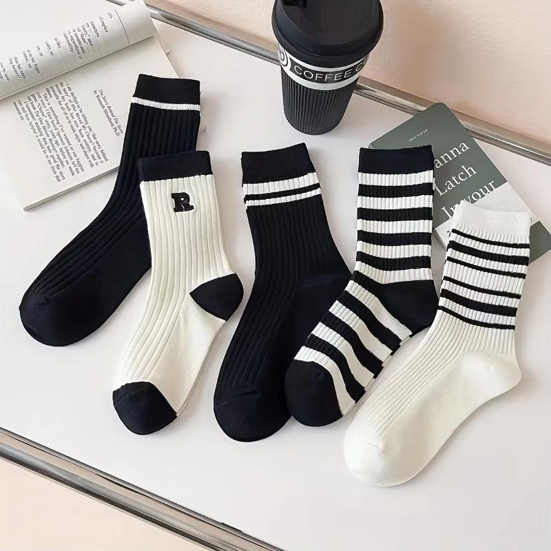 5 Pairs Of Spring Fashionable And Stockings With Black And White Vertical Pattern Lengthened Autumn And , Sweat Absorbing