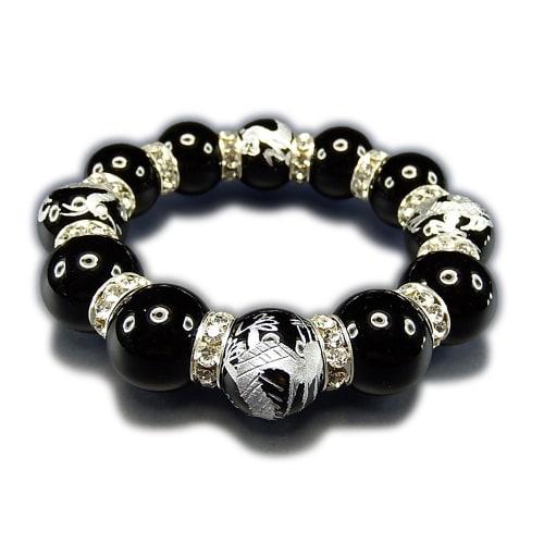 Hard-to-find, Extra-thick 18mm Natural Onyx Stone, Hand-carved with the Four Gods, Premium Rondelle Rosary Bracelet, Power Stone.