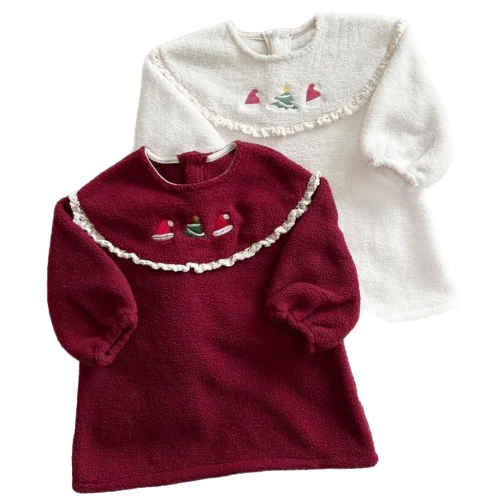 Infant Girls' Winter Lace Plush Princess Dress with Christmas Embroidery