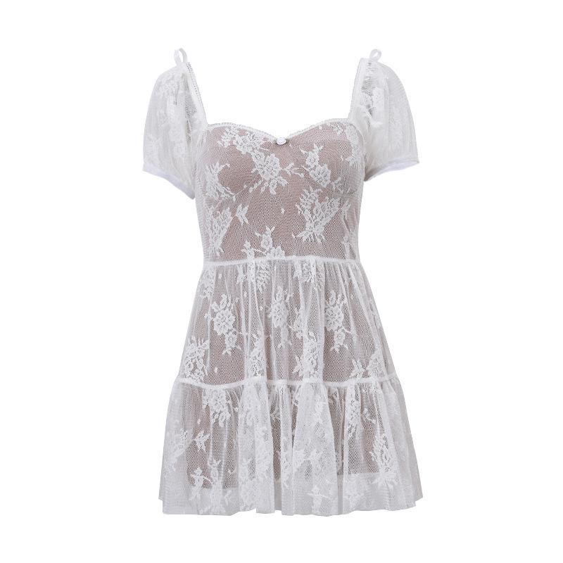 

Women s clothing winter new sweet wind square neck mesh waist bubble sleeve short-sleeved dress S белый