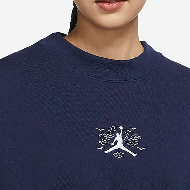 Jordan Embroidered Crew Neck Long Sleeve Sweatshirt Women Tops Navy-Blue DQ0864-410