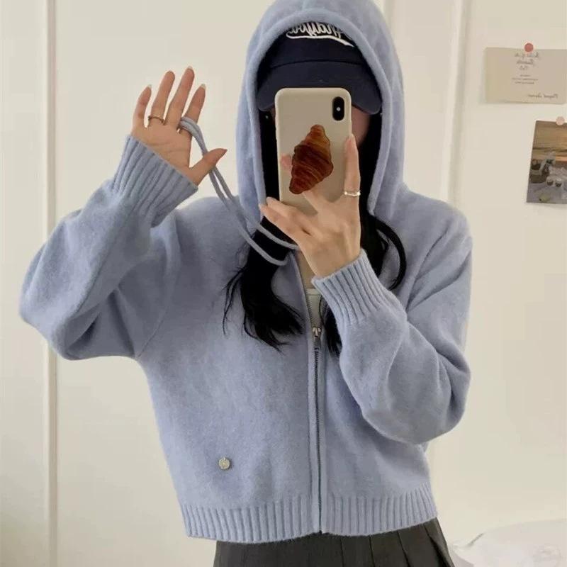 

Autumn and winter new small zipper hooded sweater jacket women s solid color soft waxy simple versatile knitted cardigan One Size