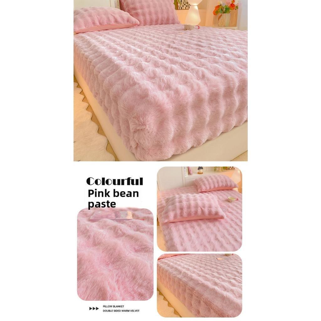 Solid Color Rabbit Like Plush Bed Sheet, 30cm Deep Pocket Design,Fully Wrapped Anti Slip Mattress Protective Cover,Thick and Warm In Autumn and Winter