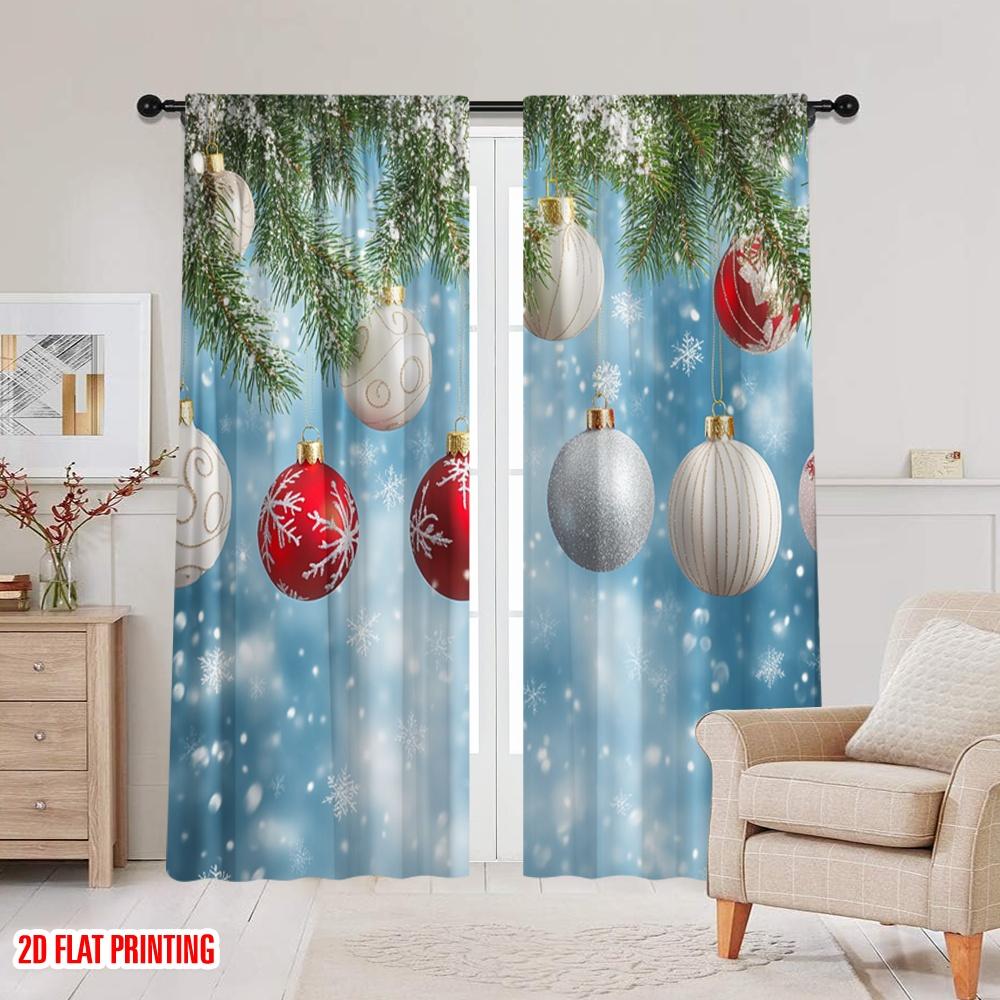 2pcs,2D Plane Printing Light Filtering Curtains Christmas Ornaments Festive Holiday Winter Durable 100% Polyester Fabric
