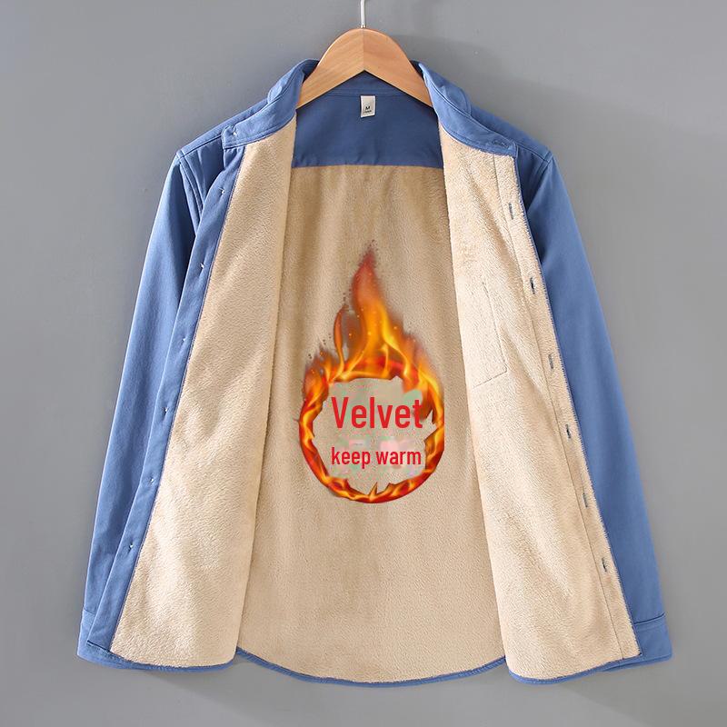 Men's Winter Cotton Velvet-Lined Warm Square Collar Shirt Jacket