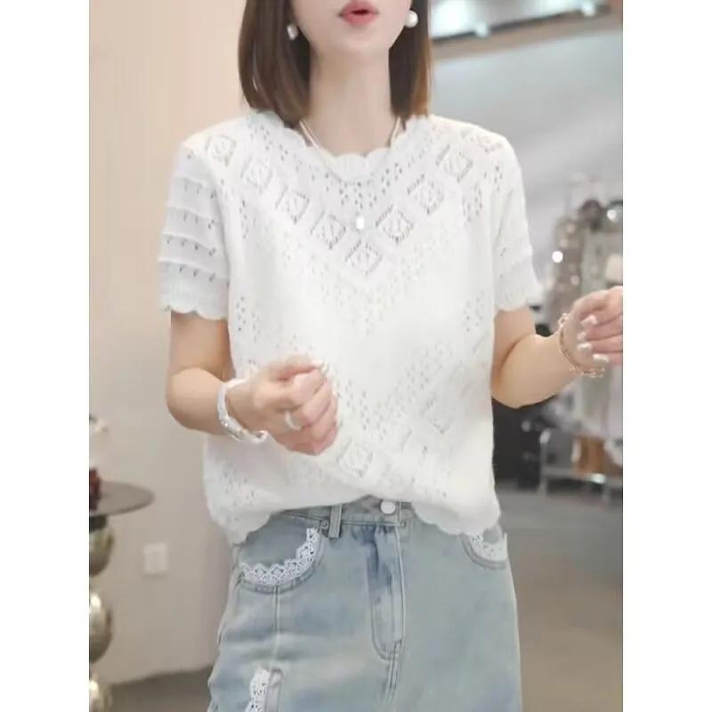 Women Summer Round Neck Thin Commuter T-shirt Short Sleeved Knitted Sweater