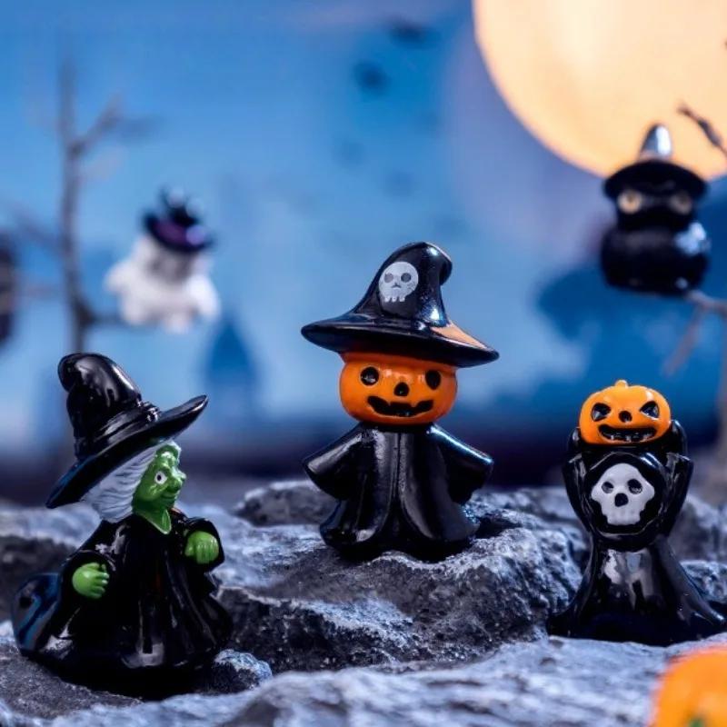 12PC Halloween Ornament Cartoon Witch Ghost Pumpkin Figurine Micro Landscape Dollhouse Model Car Interior Desktop Decoration