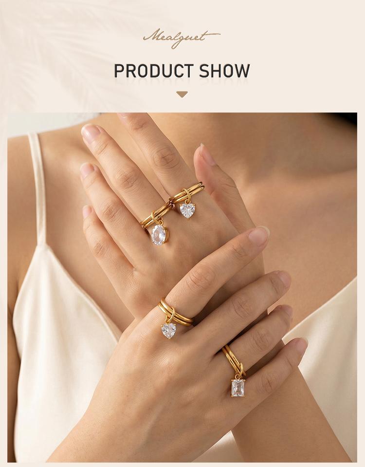 18K Gold Plated Waterproof Stainless Steel Dainty Drop CZ Stackable Ring for Women, Minimalist Double Row Dangle Rings Jewelry