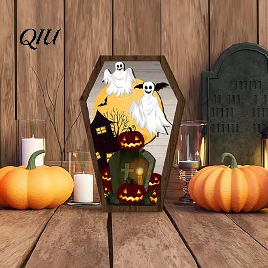 Halloween Entrance Sign Wooden Tombstone Shaped Table Block Spooky Ghost Pumpkin Durable Decor Bat Castles Tiered Tray Centerpiece for Party