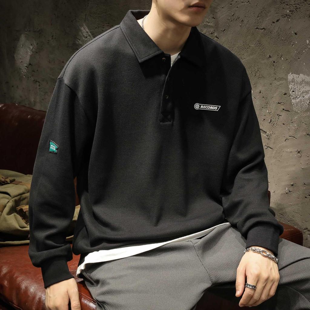 Men's White Chinese Cotton Polo Sweater: Long Sleeve, Velvet-Lined, Autumn/Winter.