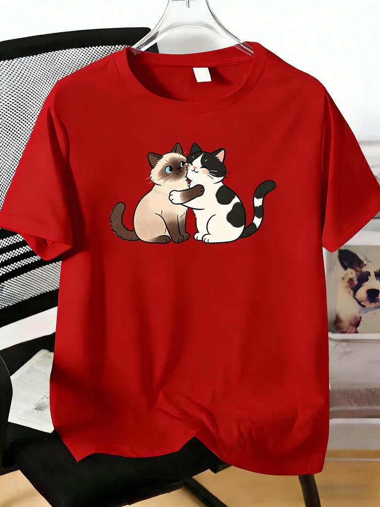 Unisexs Tee Sweet Hugging Couple Kitten Pattern Print Cotton Short Sleeve Male Casual Streetwear Outdoor Daily Basic Fashion Top