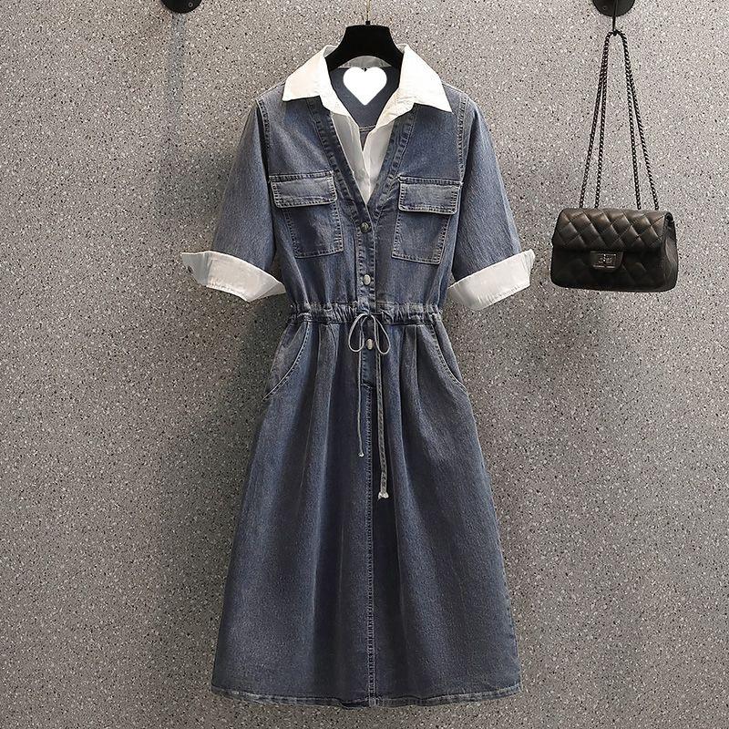 Mid Length Jeans Dress Women Chic Denim Dresses Streetwear POLO Collar Half Sleeve Elegant Y2k Casual Party A Line Vestidos