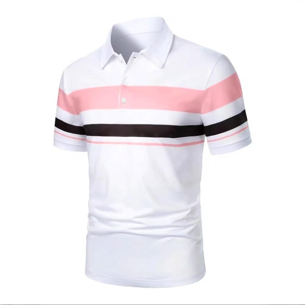 Summer Men New Short Sleeve Stripe Polo Shirt Men Business Casual Lapel Golf Polo Shirt Tops 100% Polyester