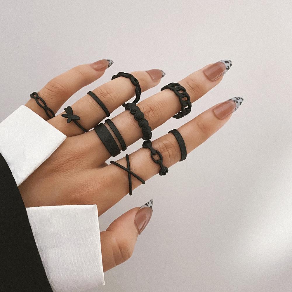 European and American Trendy Black 9-Piece Ring Set