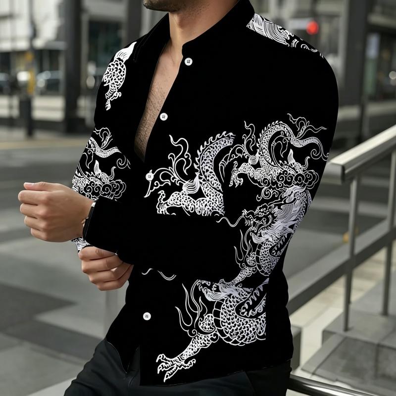 Men's Slim Fit Lapel Long Sleeved Shirt, Navy Style Boat Anchor Wave Print, Outdoor Casual Men's Top