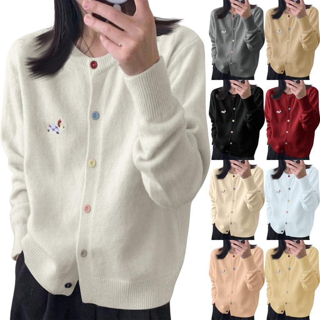 Women's Colorful Buttons Unique Design Dachshund Embroidered Round Neck Versatile Cardigan Knitted