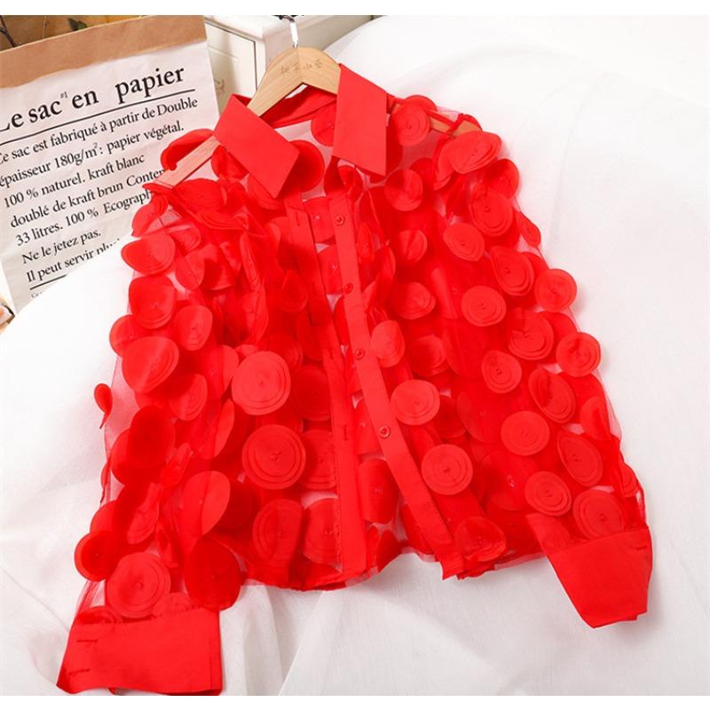 

YYFS Жіноча мода, повсякденна весна-осінь, одноколірні блузки та сорочки з довгим рукавом і принтом Size: One Size червоний