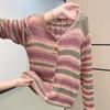 Autumn and Winter Rainbow Striped Long-sleeved Knitted Cardigan Sweater Jacket Top