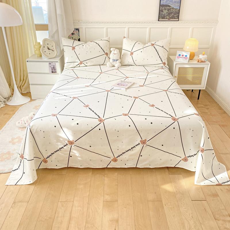 Cute Bear 100% Cotton Bed Sheet Set Plaid Pattern Cartoon Theme Flat Sheets with 2 Pillowcases Breathable Soft Bedding Set