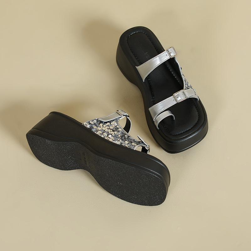 

Set of toe slippers for women in summer, new fashion muffin thick bottom heightening toe cool slippers for women 40 серебряный