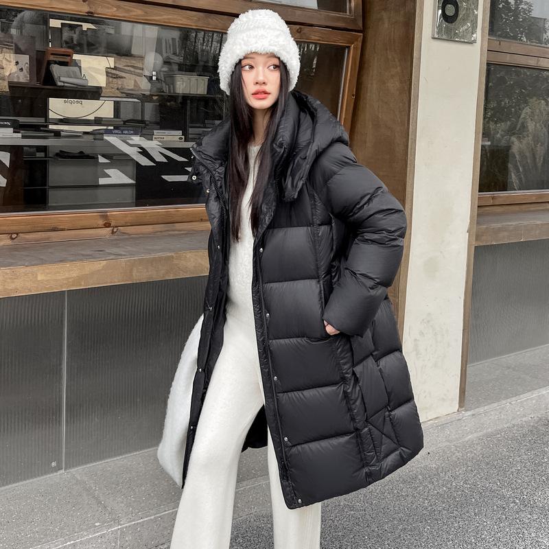 

Ribbon long style thickened loose meat covering large size knee long sleeve jacket white goose down jacket S чёрный