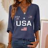 Women’s 3/4 Sleeve V Neck Casual Top with USA Letter Print Flag Graphic Button Loose Fit Blouse for Daily Wear