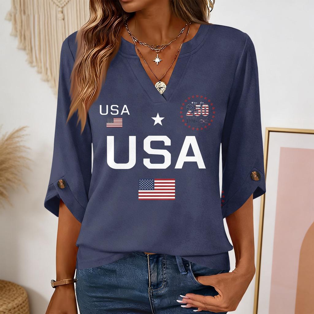 Women’s 3/4 Sleeve V Neck Casual Top with USA Letter Print Flag Graphic Button Loose Fit Blouse for Daily Wear