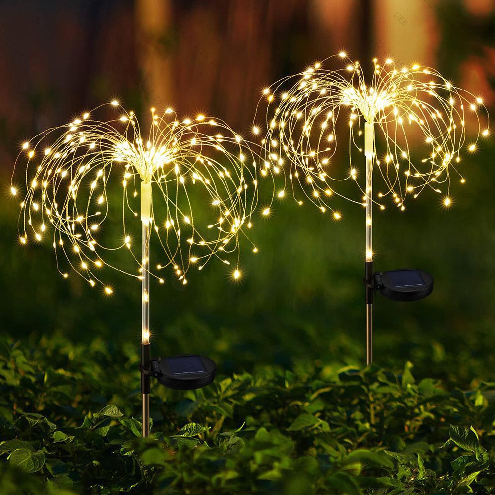 2Pcs Smart Sparklers Firework LED String Light Solar Fireworks Lights 8 Lighting Modes 200 LED Copper Wire Solar Firework Lights