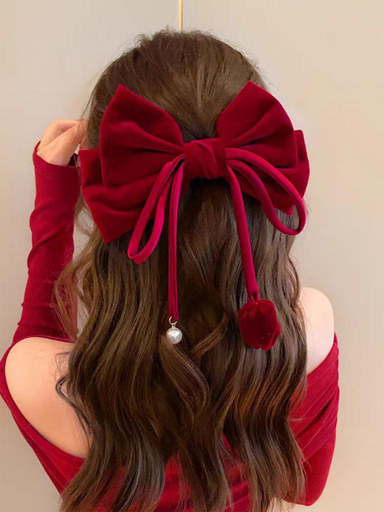 1PCS Velvet Red Bows Hair Clip Ribbon Accessories Ponytail Holder,Big Hair Pins Hair Barrettes Bow for Women Girls Toddlers Teen