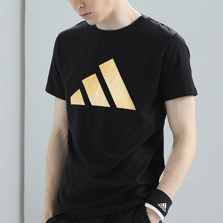 Adidas Printed Logo Casual Lightweight Quick-Dry Round Neck Short Sleeve T-Shirt Unisex Tops Black Gold ADICLTSPSTK-BG
