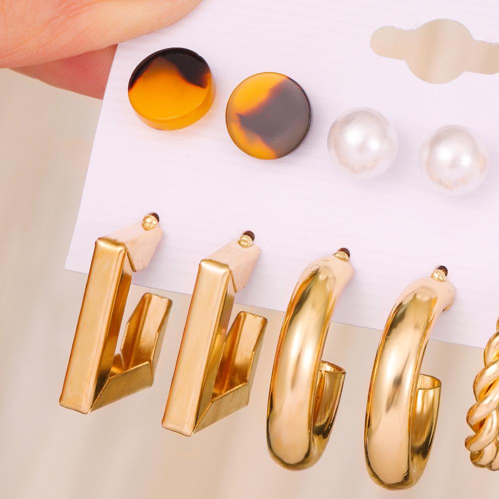 6 Pairs Of Womens Earrings Set New Creative Type C Zircon Geometry Personality Fashion Temperament Earrings