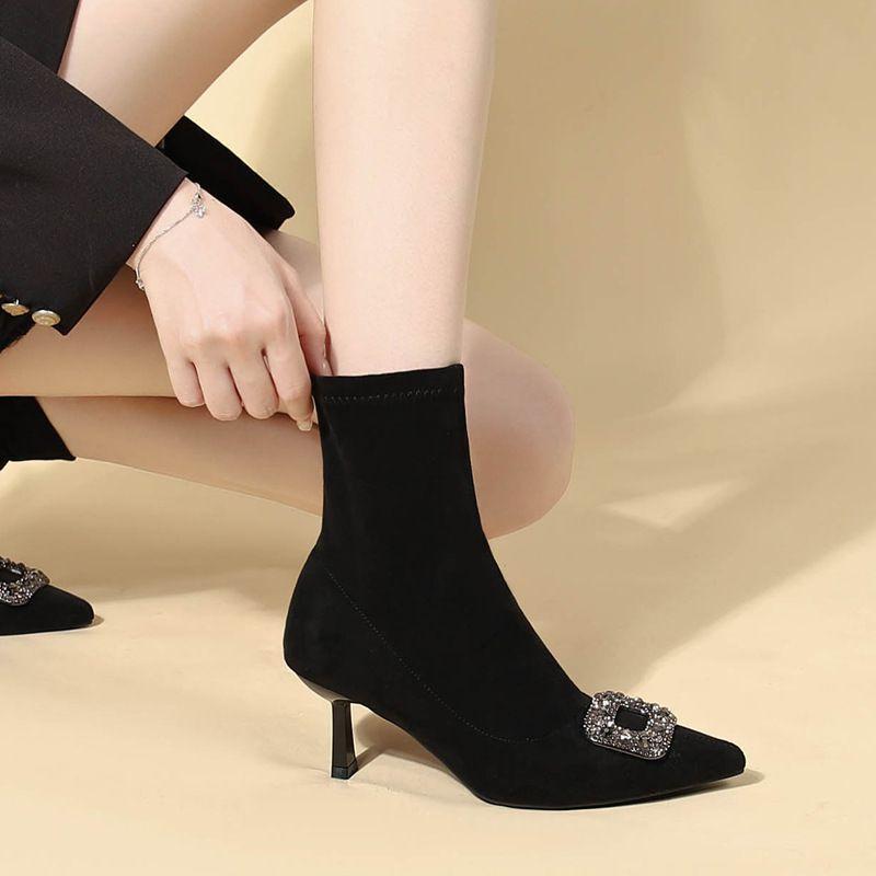 Children's rhinestone fine heel suede black pointed fleece elastic boots light luxury