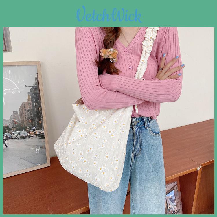 Chic Fresh Daisy Canvas Shoulder Bag For Women Soft And Sweet Cotton Linen Tote Bag