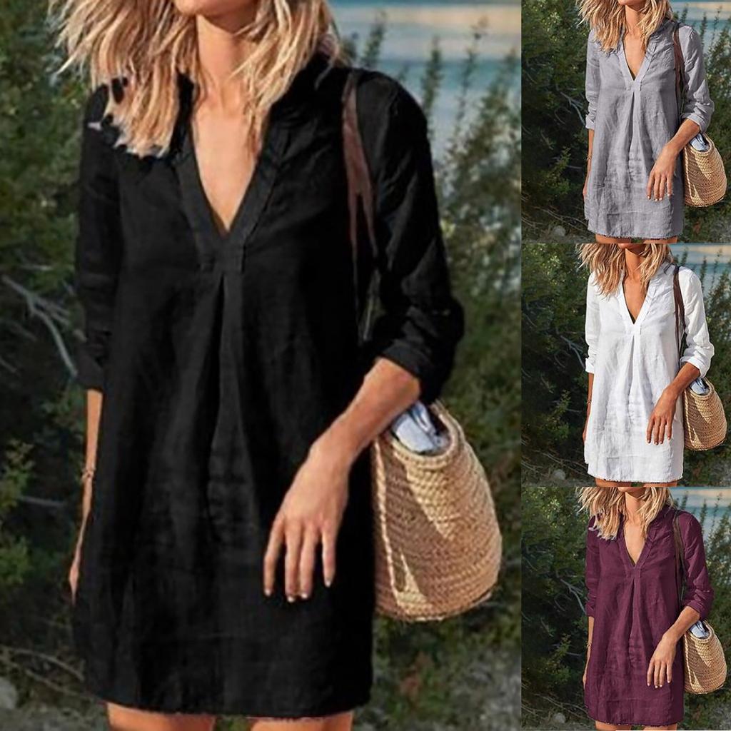 Cotton Linen V Neck 3/4 Sleeve Beach Cover Up Casual Loose Solid Color Oversized Tunic Dress Summer Short Kaftan For Women