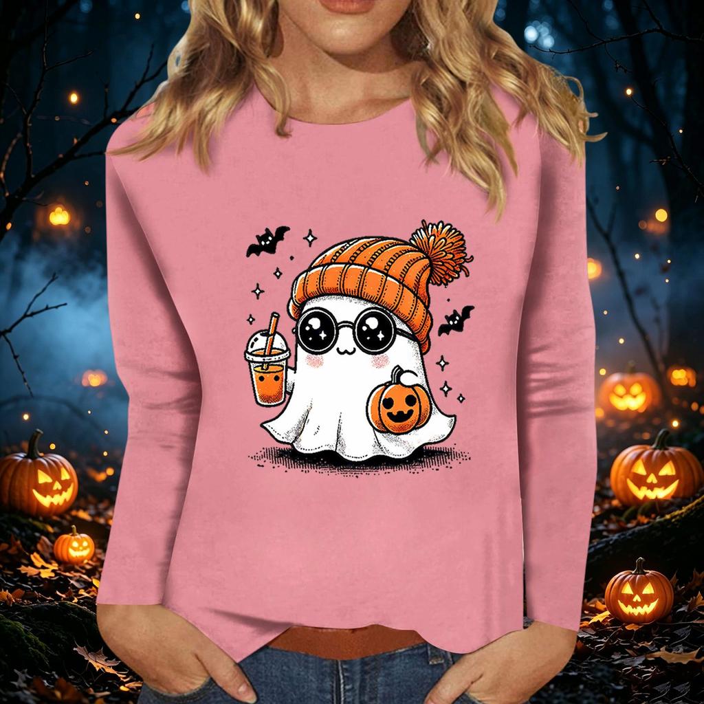 Women's Long Sleeve Halloween Print Round Neck Casual Top for Fall Parties