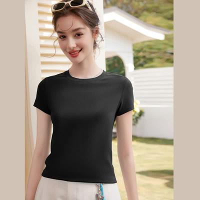 T-shirt décontracté uni extensible à col rond et manches courtes pour femme Bailuyu
