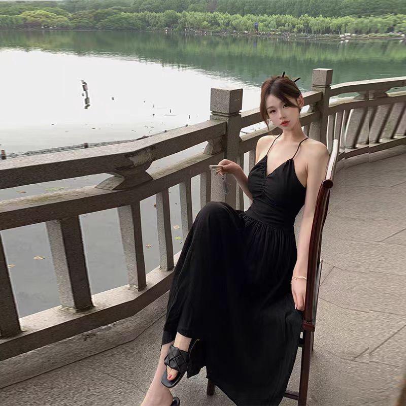 Coffee Break French Sexy Halter Floral Suspender Dress Women's Summer Sweet Spice Girls Seaside Vacation Beach Long Skirt
