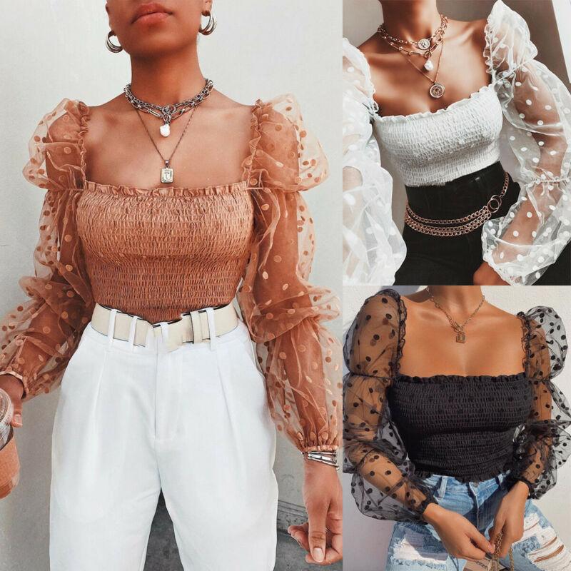 Estate Pois Vintage Nuovo Camicie Donna Manica a Sbuffo Quadrato Sexy Scollo Quadrato Slim Semitrasparente Blusa Crop Top Abbigliamento da Club