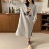 Long Fleece Lined Hooded Dress Women's Loose Fit French Style Outerwear Autumn plus Size Knee Length Gown round Neckline