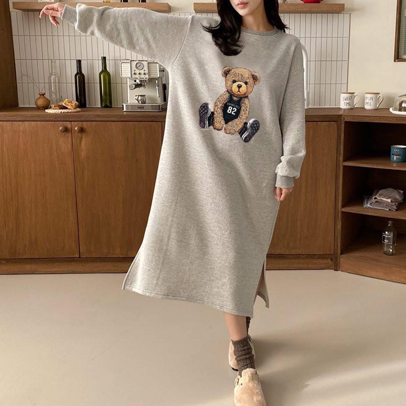 Long Fleece Lined Hooded Dress Women's Loose Fit French Style Outerwear Autumn plus Size Knee Length Gown round Neckline