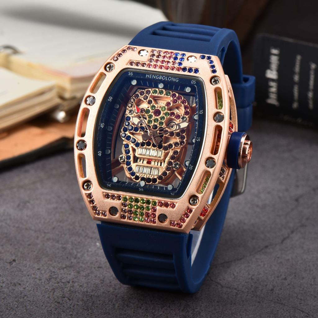 New Colored Diamond Skull Quartz Watch Spot Wholesale Fashion Business Diamond-encrusted Silicone Watch Men