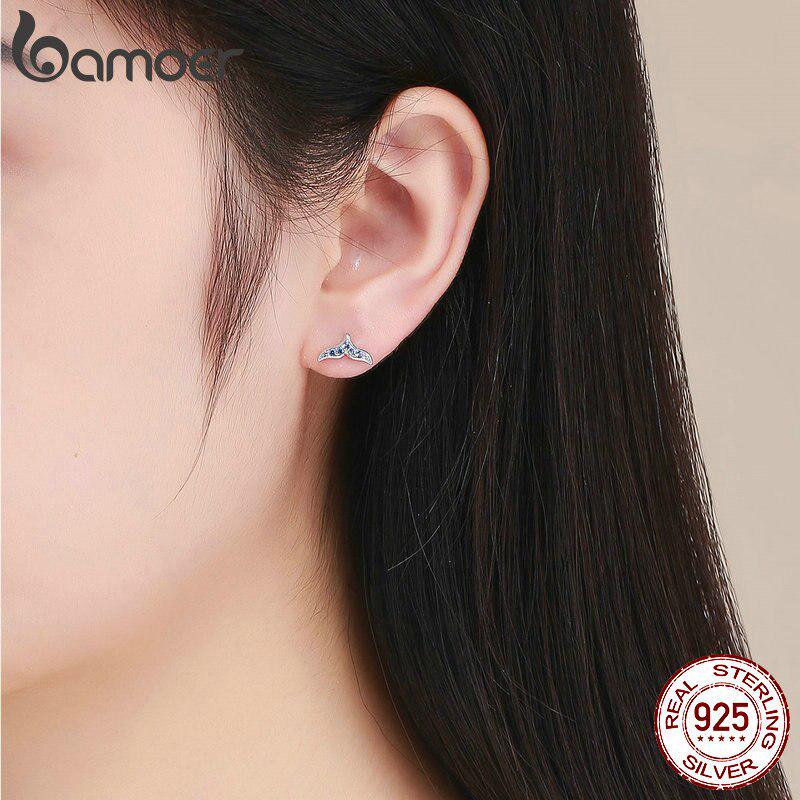 Bamoer 925 Sterling Silver Modré náušnice se zirkonem Mořská panna s rybím ocasem pro ženy