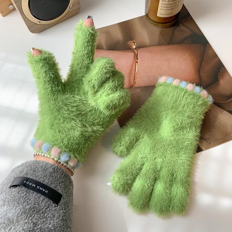 Cute Open Finger Touch Screen Plush Five Finger Gloves For Women In Winter, Warm And Thick Velvet For Cycling Students