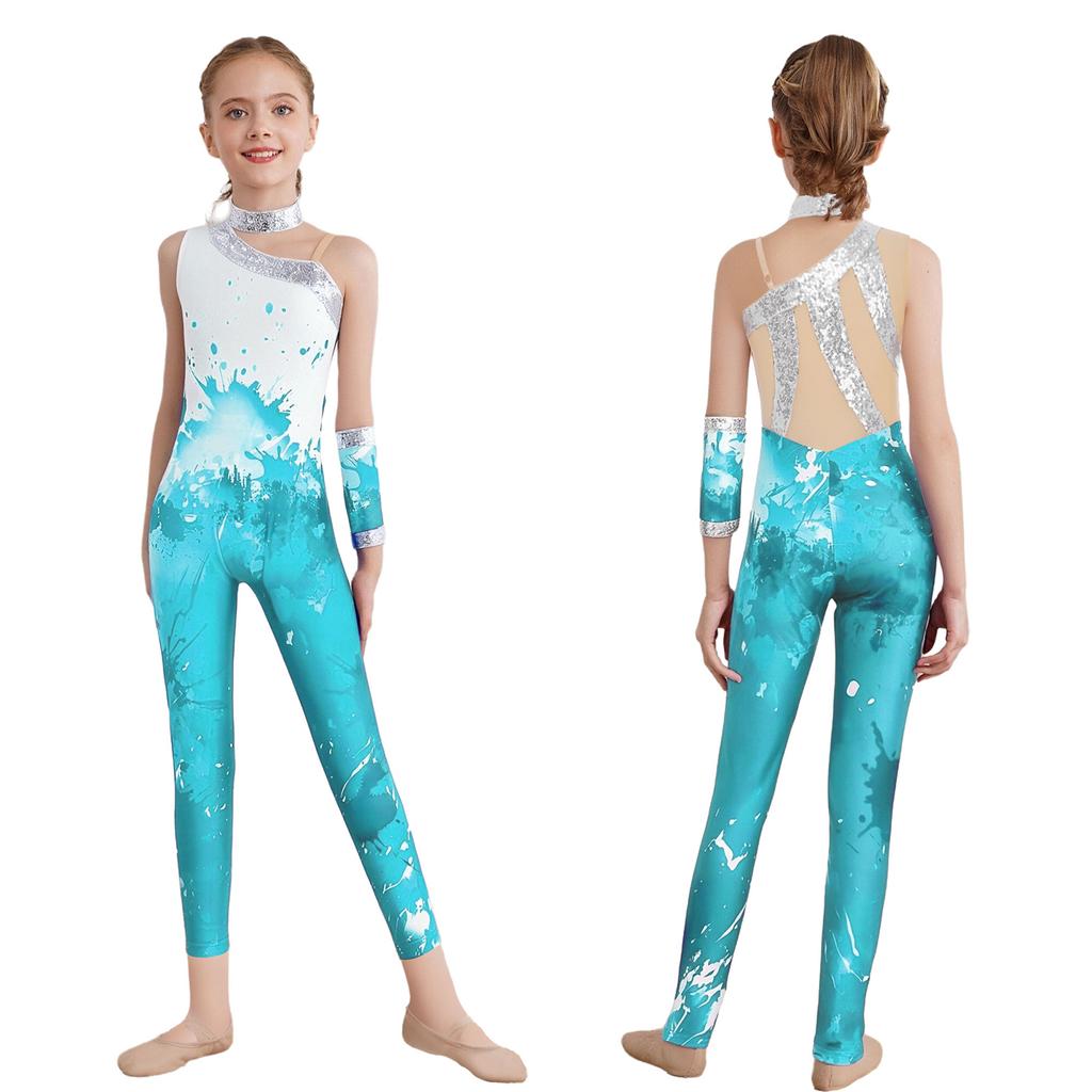 Girls Shiny Sequins Printed Gymnastics Jumpsuit: Sleeveless Asymmetrical Bodysuit Full Length Leotard 1Pc Glove for Figure Skating Dance Performance