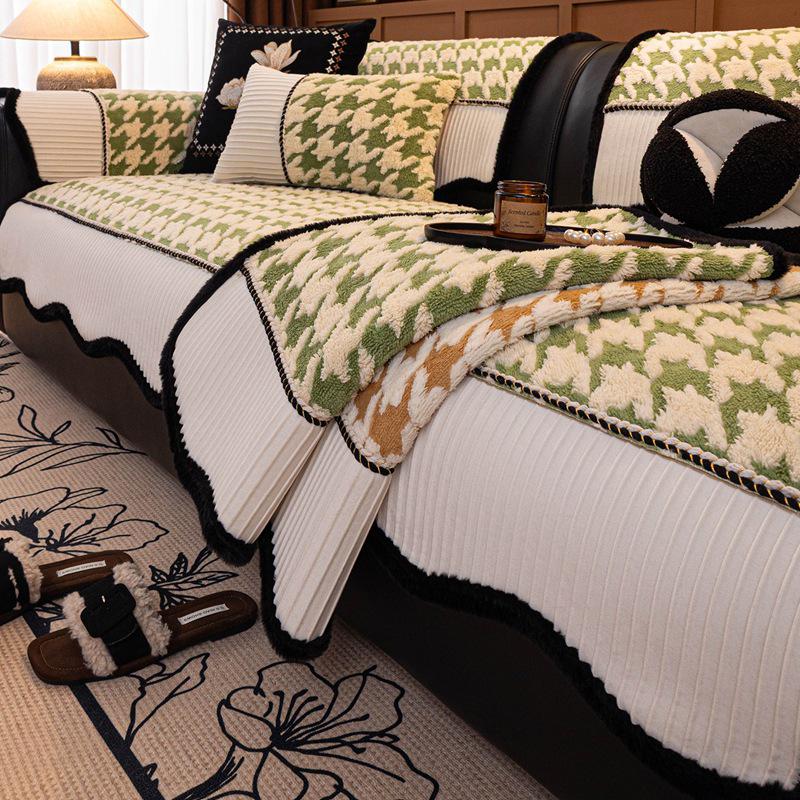 High-End Fluffy Houndstooth Patchwork Sofa Cushion - Non-Slip Seat Cover 2026