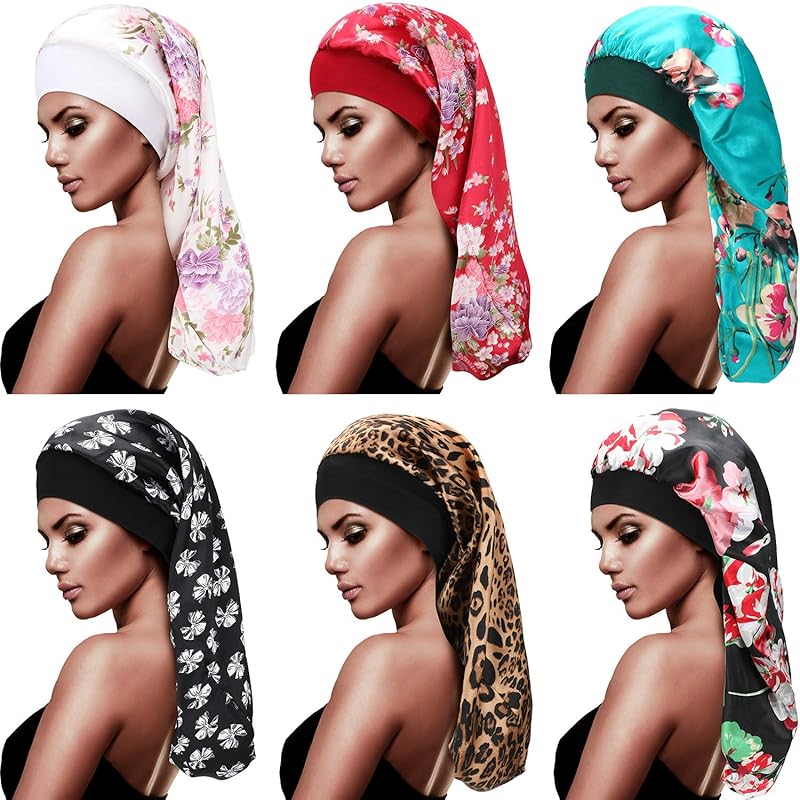 SATINIOR 6 Pcs Long Hair Satin Bonnet for Sleeping Extra Large Sleep Braid Bonnet Elastic Band Silk Night Sleep Hat for Women Long Curly Hair Braids Print