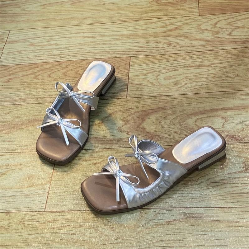 

Японский стиль Весна Лето Женские сандалии Бант Полые Удобные Дышащие Элегантные Туфли на квадратном каблуке 2025 Шлепанцы 35 серебряный